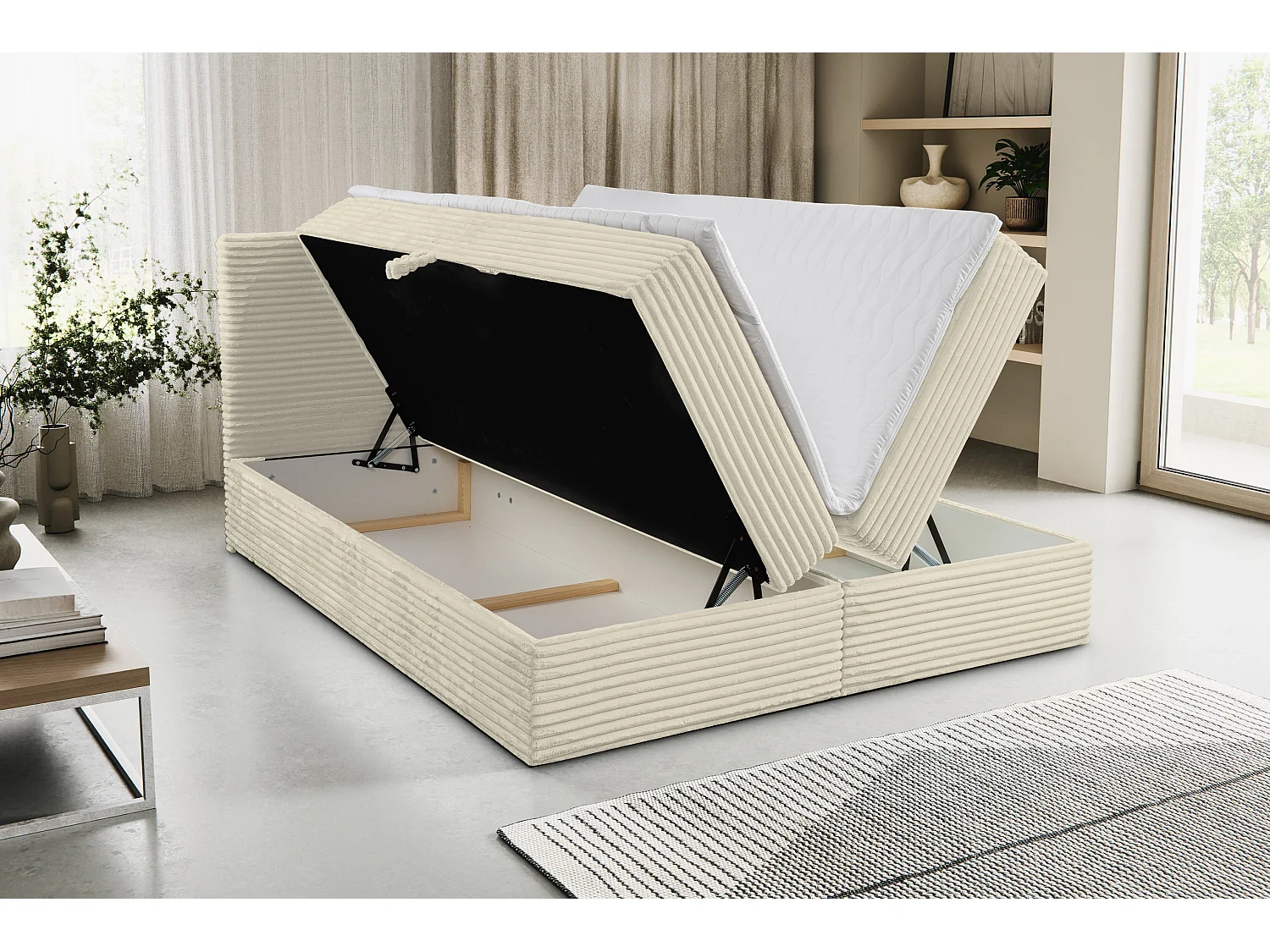 Lit boxspring Tilly avec 2 coffres de rangement, lit rembourré Dimensions: 180x200, couleur: beige, tissu cordé