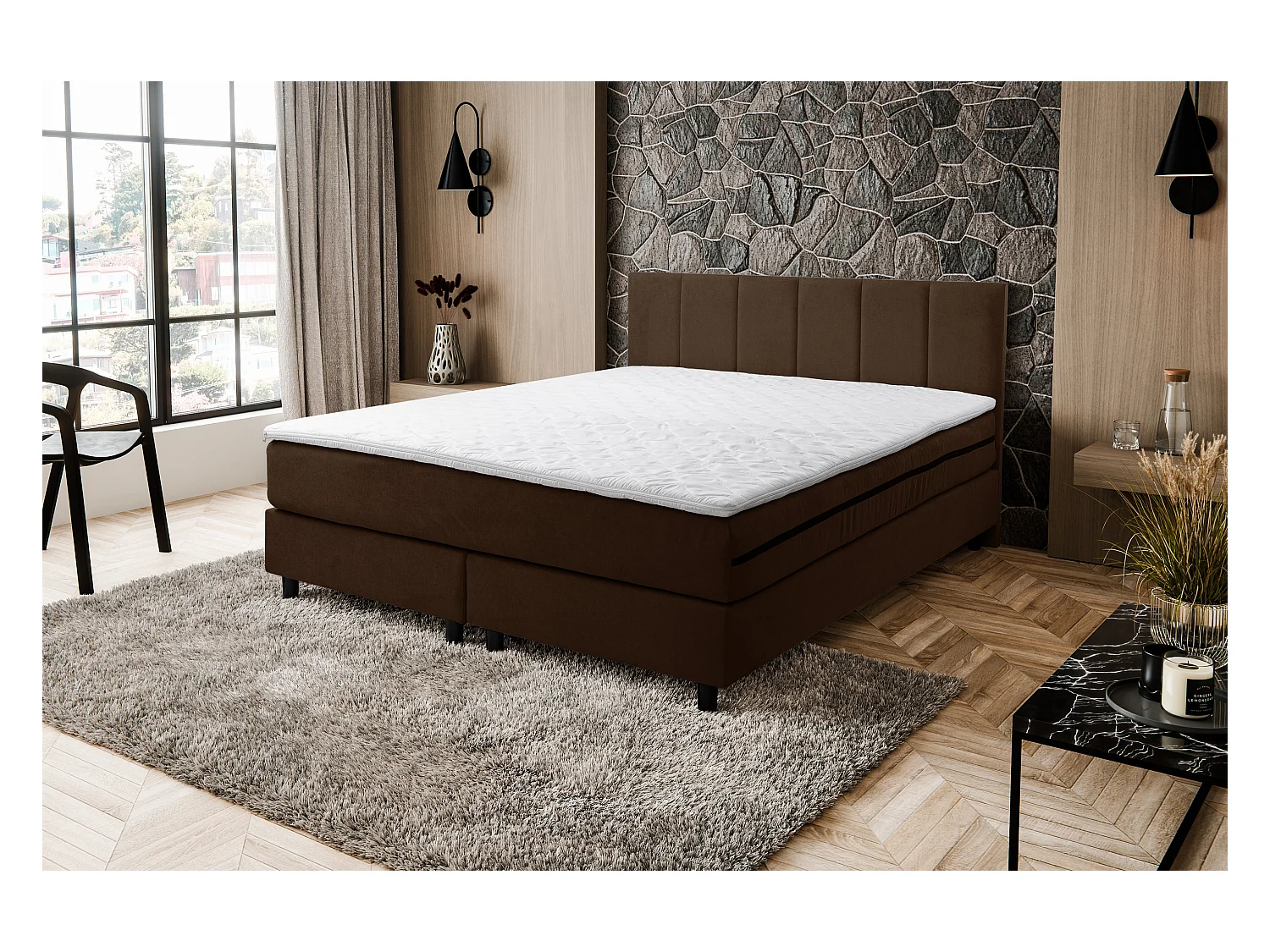 Lit boxspring Paris, lit rembourré Dimensions : 140x200 cm, couleur : marron, tissu velours, lit double avec matelas Bonell H3 et surmatelas inclus