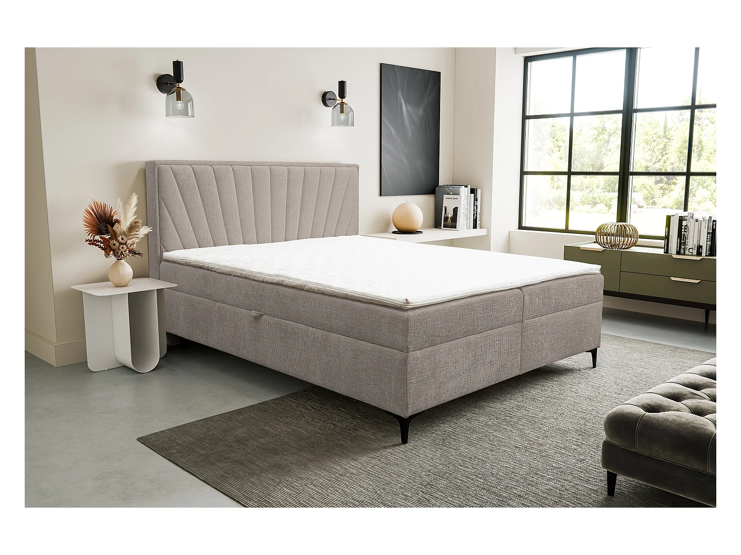 Boxspringbett Cimone mit 2 Bettkästen, Polsterbett Maße: 180x200 cm, Farbe: Hellbraun , Velourstoff, Doppelbett mit Bonell-Matratze inkl. Topper