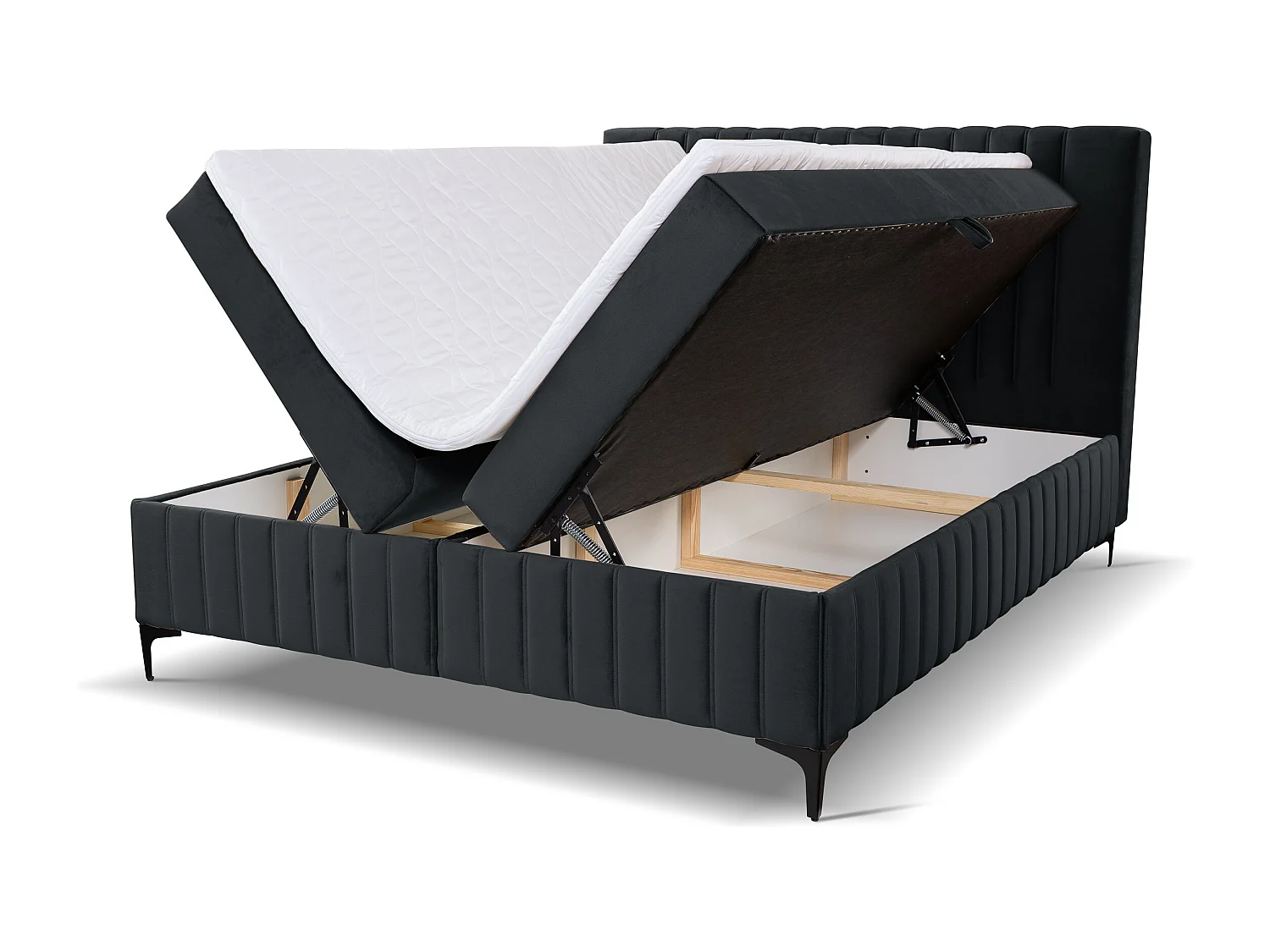 Lit boxspring QUANT avec 2 coffres de rangement, lit rembourré Dimensions: 160x200, couleur: noir, tissu velours