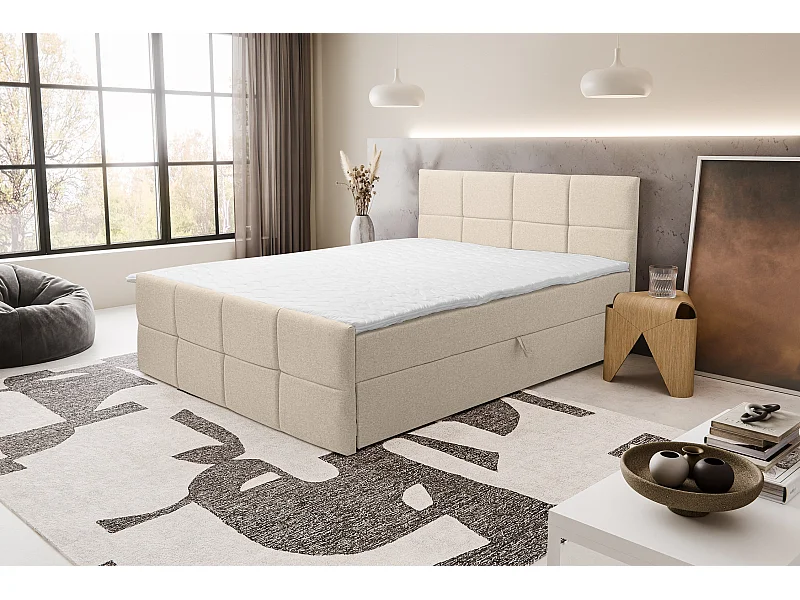 Boxspringbed DORIS met 2 bedbakken, gestoffeerd bed Afmetingen: 140x200, kleur: beige, veloursstof, tweepersoonsbed met Bonell-matras incl. topper