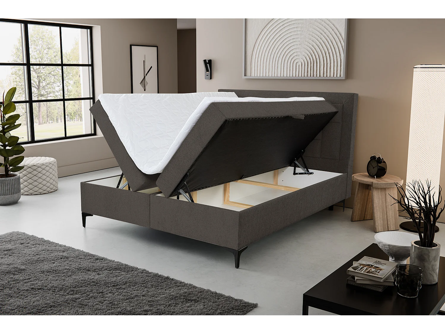 Lit boxspring VENEZIA avec 2 tiroirs de rangement, lit rembourré Dimensions: 180x200 cm, couleur: gris foncé, tissu velours