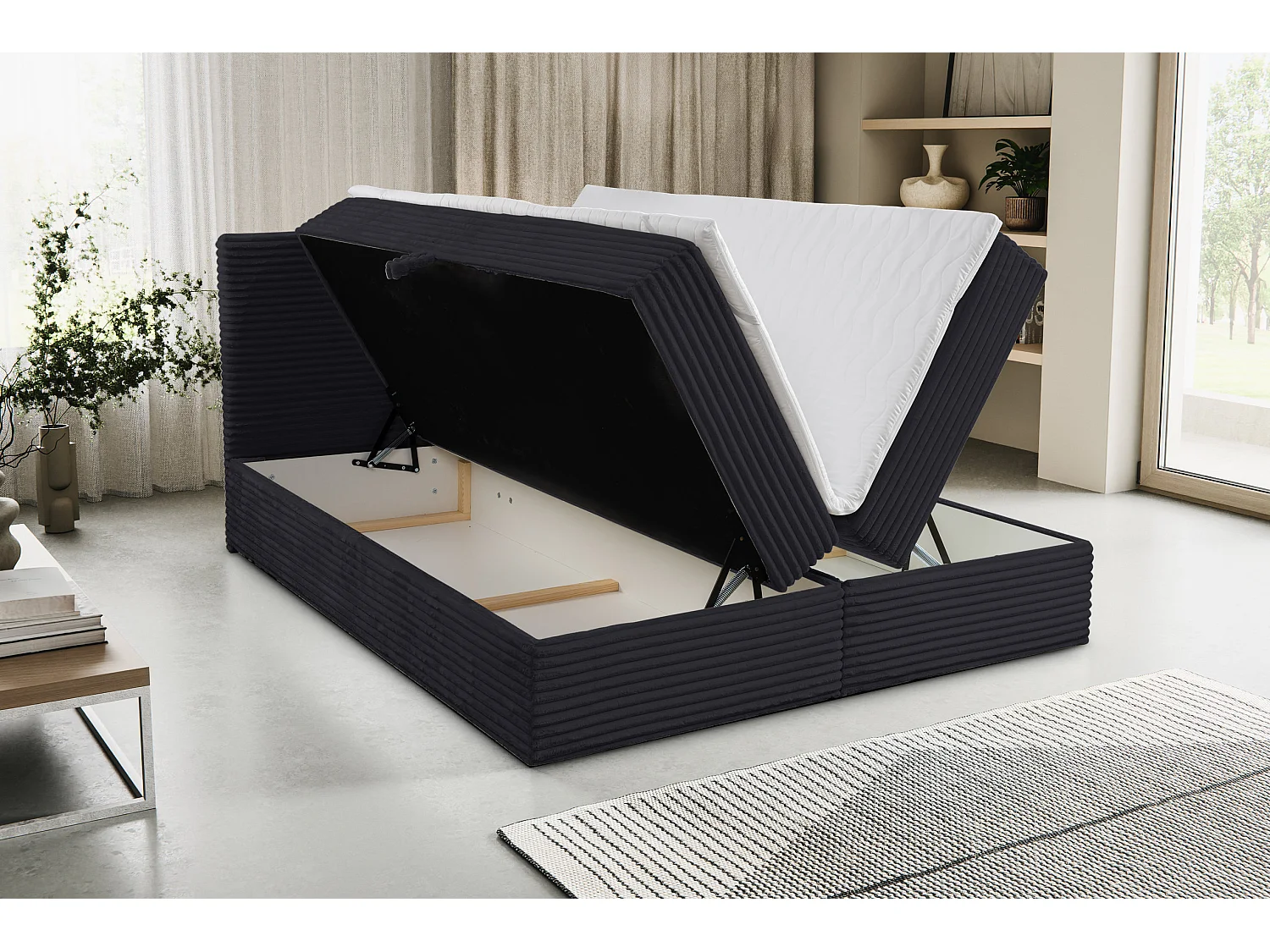Lit boxspring Tilly avec 2 coffres de rangement, lit rembourré Dimensions: 140x200, couleur: noir, tissu velours côtelé