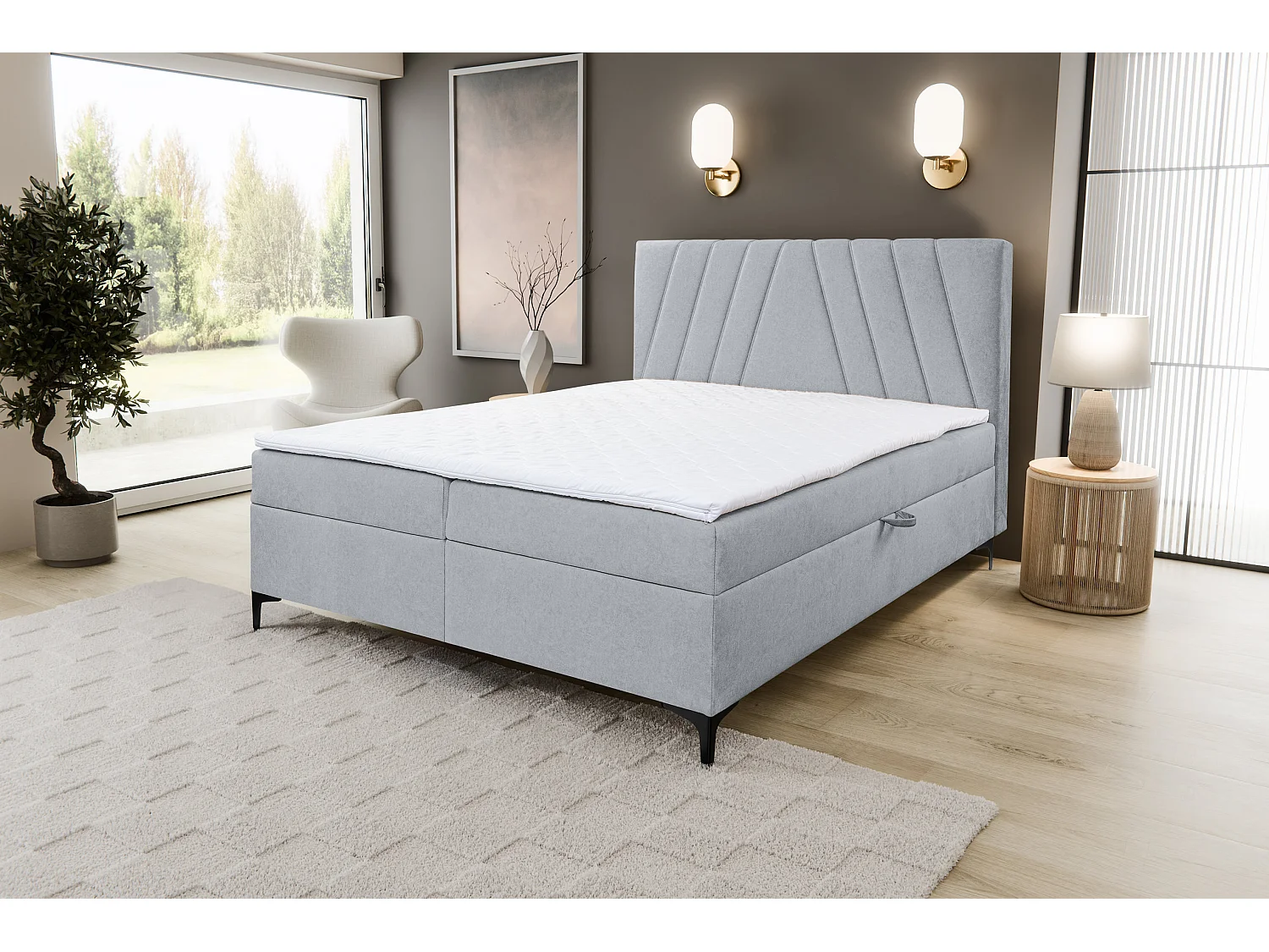Lit boxspring CAPRI avec 2 coffres de rangement, lit rembourré Dimensions: 160x200 cm, couleur: gris, tissu velours