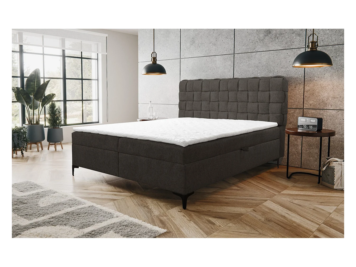 Lit boxspring Roma avec 2 tiroirs de rangement, lit rembourré Dimensions: 160x200, couleur: gris foncé, tissu velours