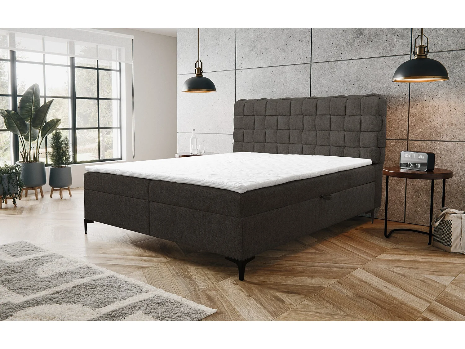 Lit boxspring Roma avec 2 tiroirs de rangement, lit rembourré Dimensions: 160x200, couleur: gris foncé, tissu velours