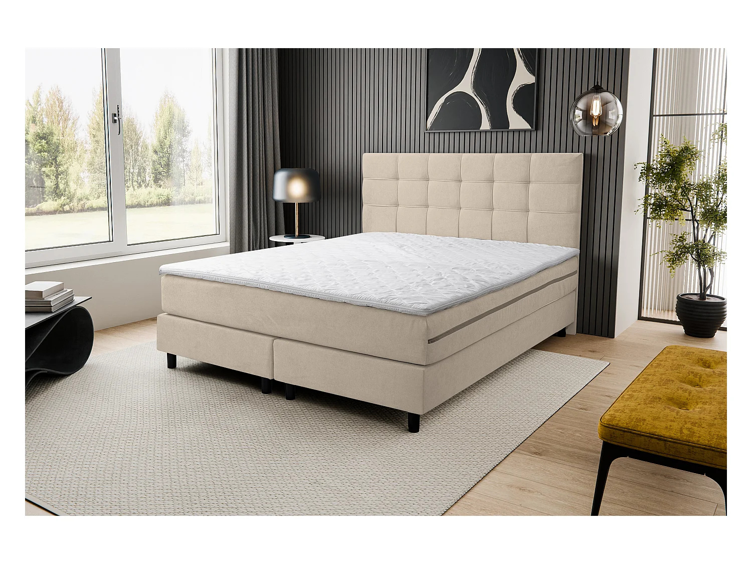 Lit boxspring BOSS, lit rembourré Dimensions : 140x200 cm, couleur : beige, tissu velours, lit double avec matelas Bonell H3 et surmatelas inclus