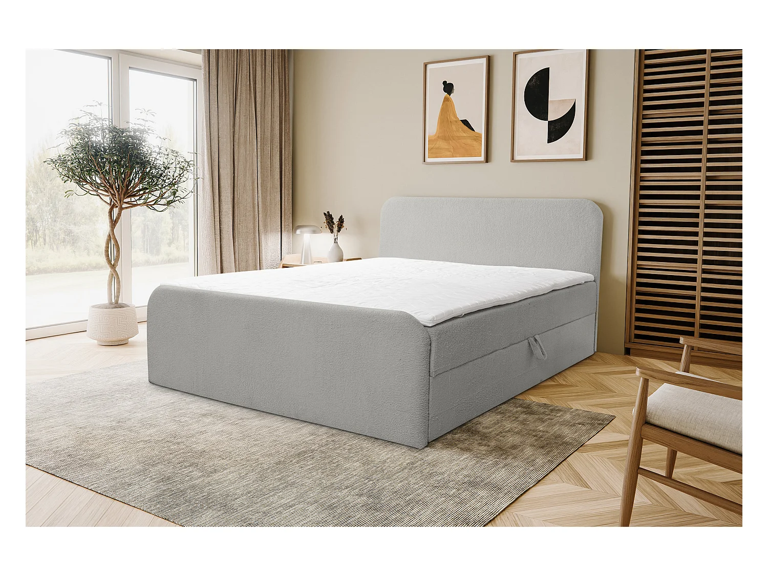 Lit boxspring LAMBI avec 2 coffres de rangement, lit rembourré Dimensions: 140x200, couleur: gris, tissu bouclé