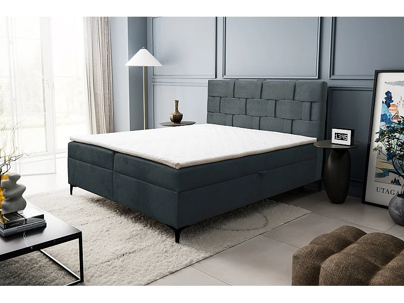 Lit boxspring Charlotte avec 2 coffres de rangement, lit rembourré Dimensions: 140x200 cm, couleur: gris foncé, tissu velours