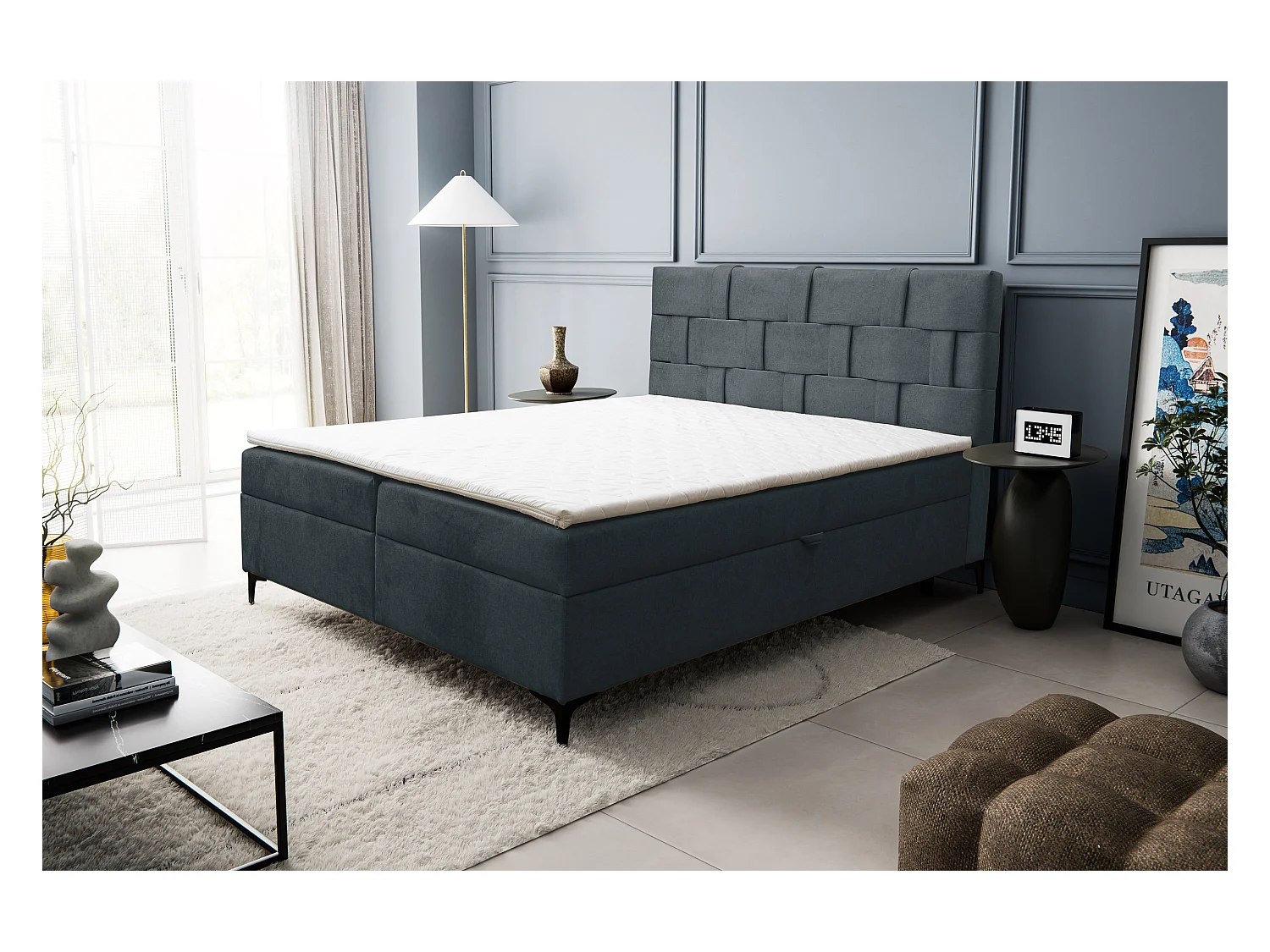 Lit boxspring Charlotte avec 2 coffres de rangement, lit rembourré Dimensions: 140x200 cm, couleur: gris foncé, tissu velours