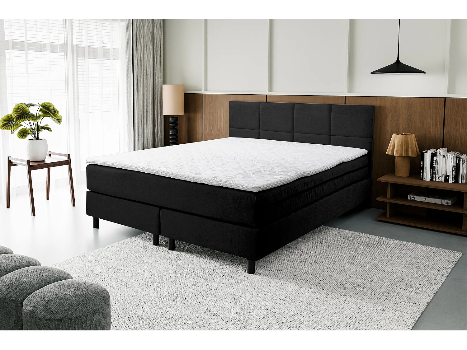 Lit boxspring Kansas, lit rembourré Dimensions : 180 x 200 cm, couleur : noir, tissu velours, lit double avec matelas Bonell H3 et surmatelas inclus