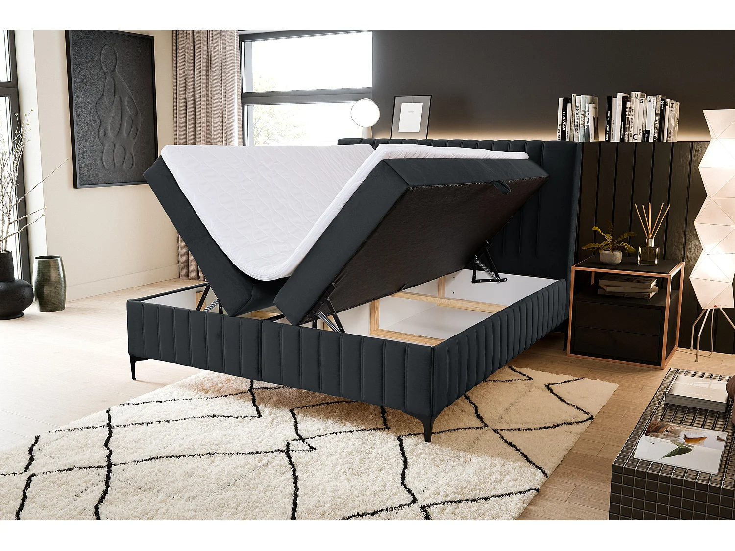Lit boxspring QUANT avec 2 coffres de rangement, lit rembourré Dimensions: 140x200, couleur: noir, tissu velours
