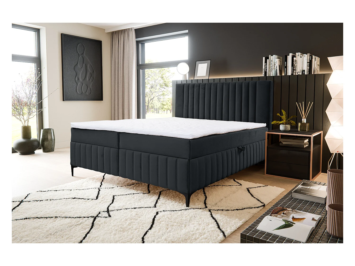 Boxspringbett QUANT mit 2 Bettkästen, Polsterbett Maße: 140x200, Farbe: Schwarz, Velourstoff, Doppelbett mit Bonell-Matratze inkl. Topper