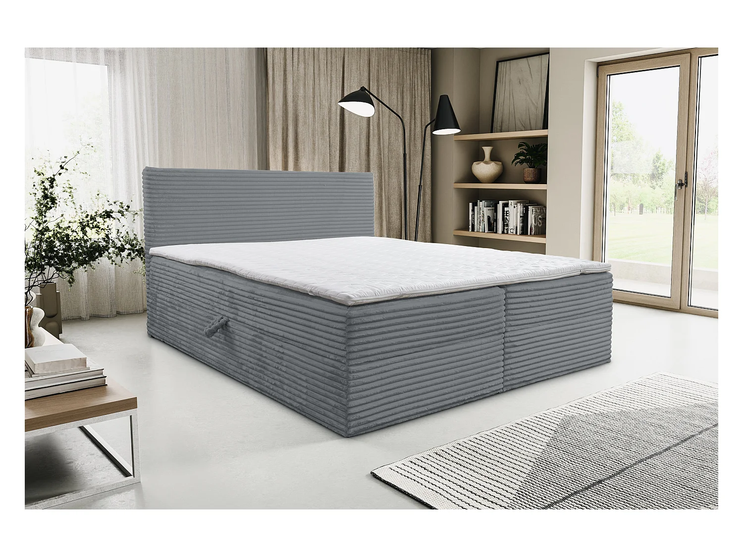 Boxspringbett Tilly mit 2 Bettkästen, Polsterbett Maße: 180x200, Farbe: Grau, Cordstoff, Doppelbett mit Bonell-Matratze inkl. Topper