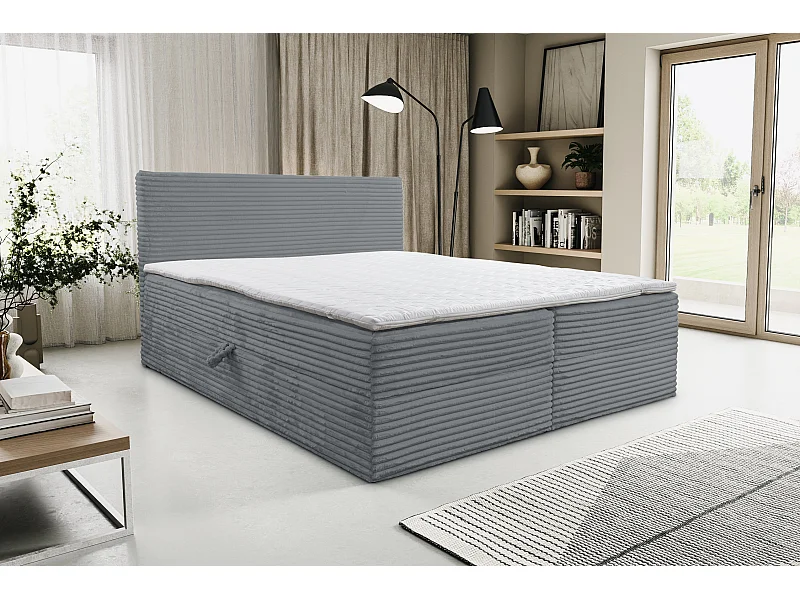 Lit boxspring Tilly avec 2 coffres de rangement, lit rembourré Dimensions: 180x200, couleur: gris, tissu cordé