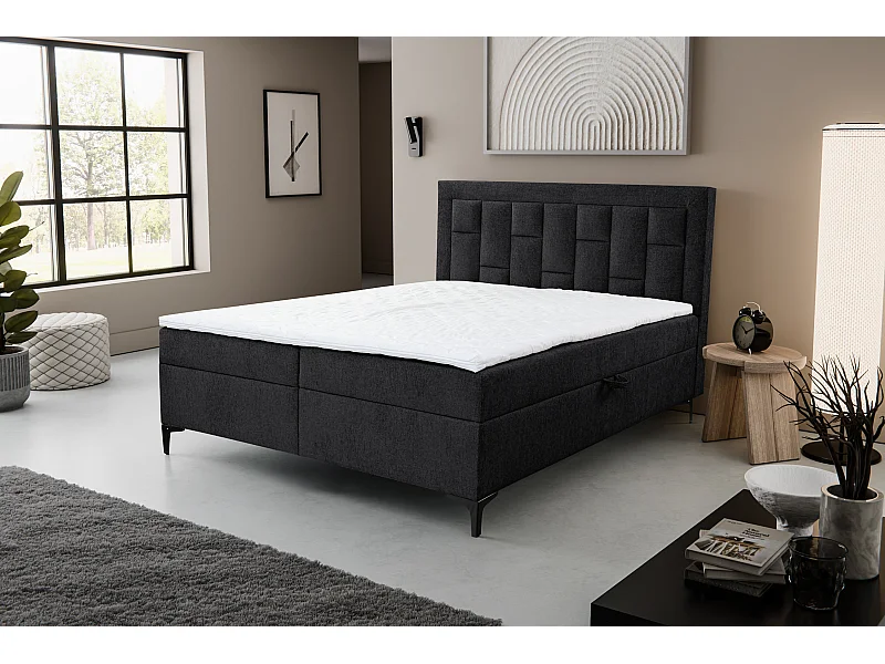 Lit boxspring VENEZIA avec 2 coffres de rangement, lit rembourré Dimensions: 140x200 cm, couleur: noir, tissu velours