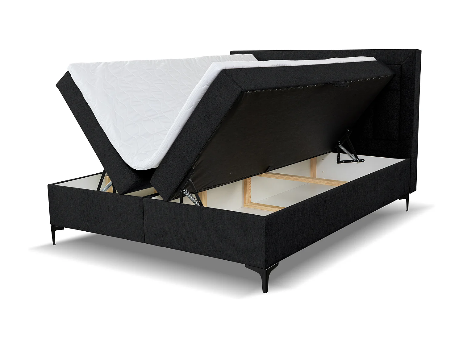 Lit boxspring VENEZIA avec 2 coffres de rangement, lit rembourré Dimensions: 140x200 cm, couleur: noir, tissu velours