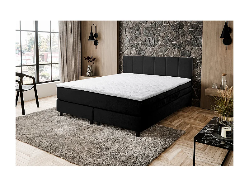 Lit boxspring Paris, lit rembourré Dimensions : 140x200 cm, couleur : noir, tissu velours, lit double avec matelas Bonell H3 et surmatelas inclus