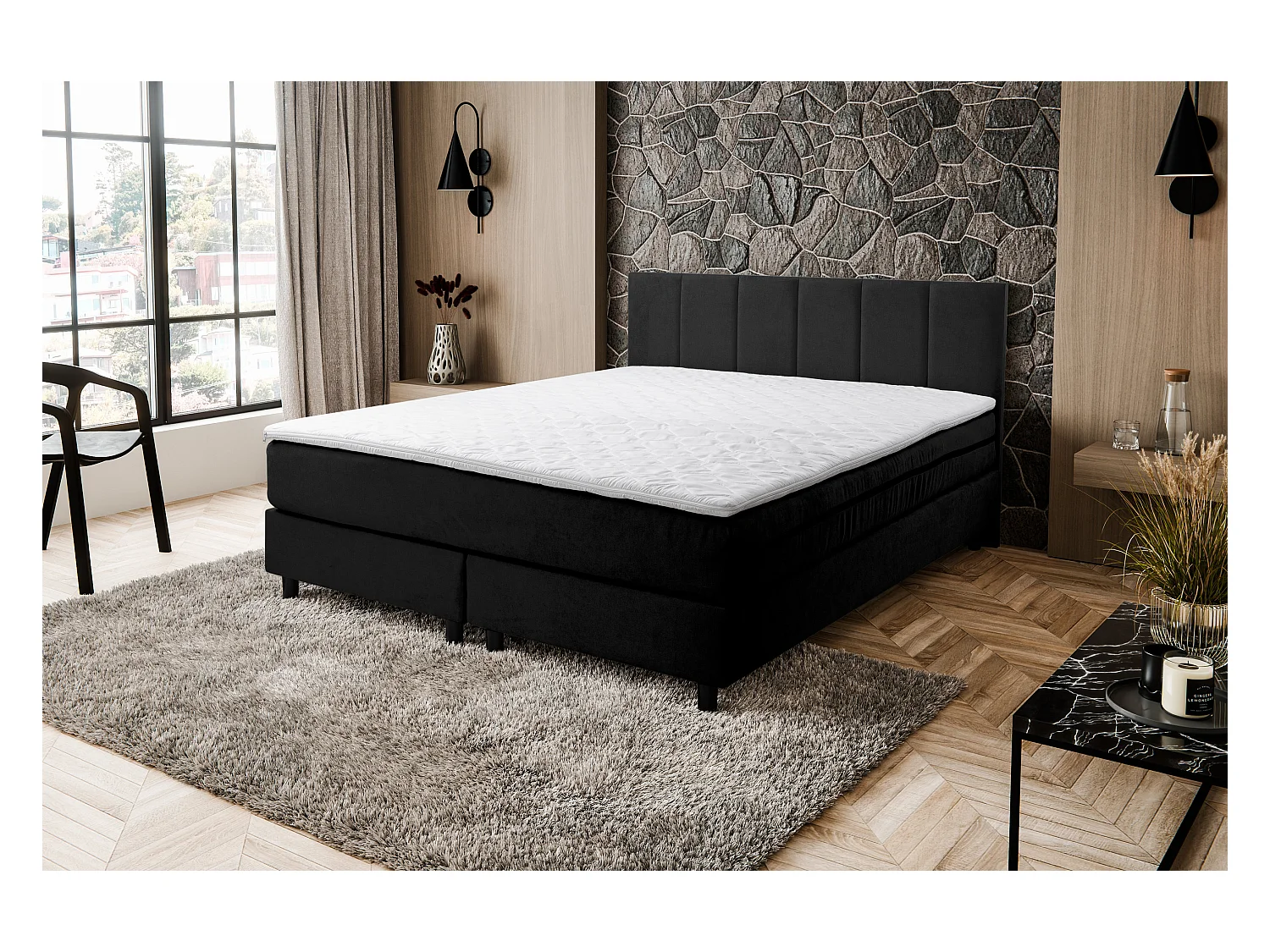 Lit boxspring Paris, lit rembourré Dimensions : 140x200 cm, couleur : noir, tissu velours, lit double avec matelas Bonell H3 et surmatelas inclus