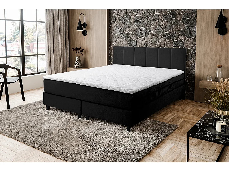 Lit boxspring Paris, lit rembourré Dimensions : 140x200 cm, couleur : noir, tissu velours, lit double avec matelas Bonell H3 et surmatelas inclus