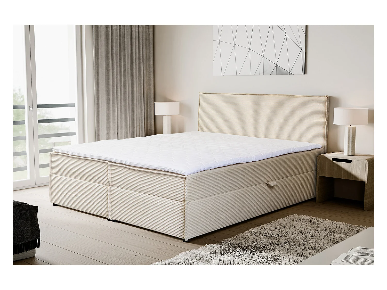 Boxspringbett GLORIA mit 2 Bettkästen, Polsterbett Maße: 160x200, Farbe: Beige, Cordstoff, Doppelbett mit Bonell-Matratze inkl. Topper