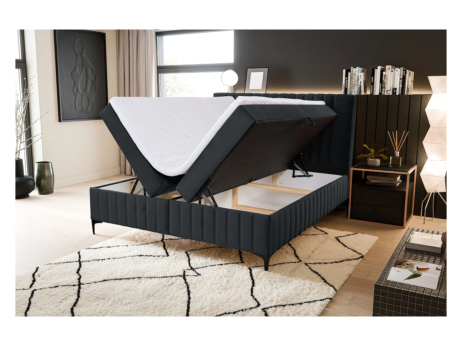 Lit boxspring QUANT avec 2 coffres de rangement, lit rembourré Dimensions: 180x200, couleur: noir, tissu velours