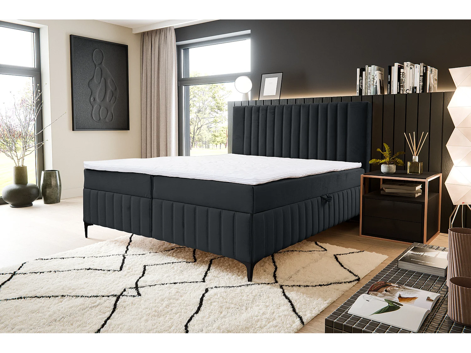 Lit boxspring QUANT avec 2 coffres de rangement, lit rembourré Dimensions: 180x200, couleur: noir, tissu velours