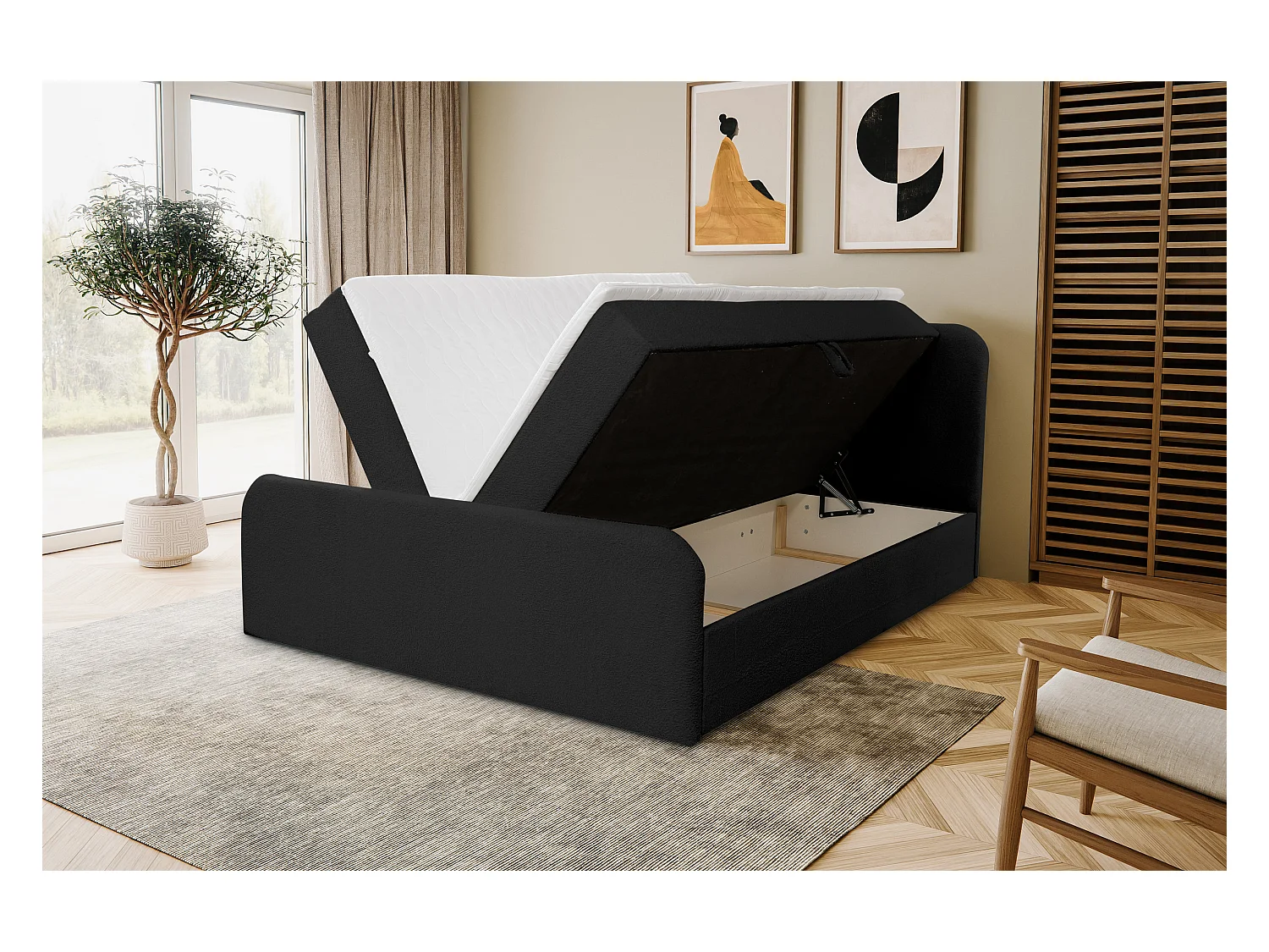 Lit boxspring LAMBI avec 2 coffres de rangement, lit rembourré Dimensions: 160x200, couleur: noir, tissu bouclé