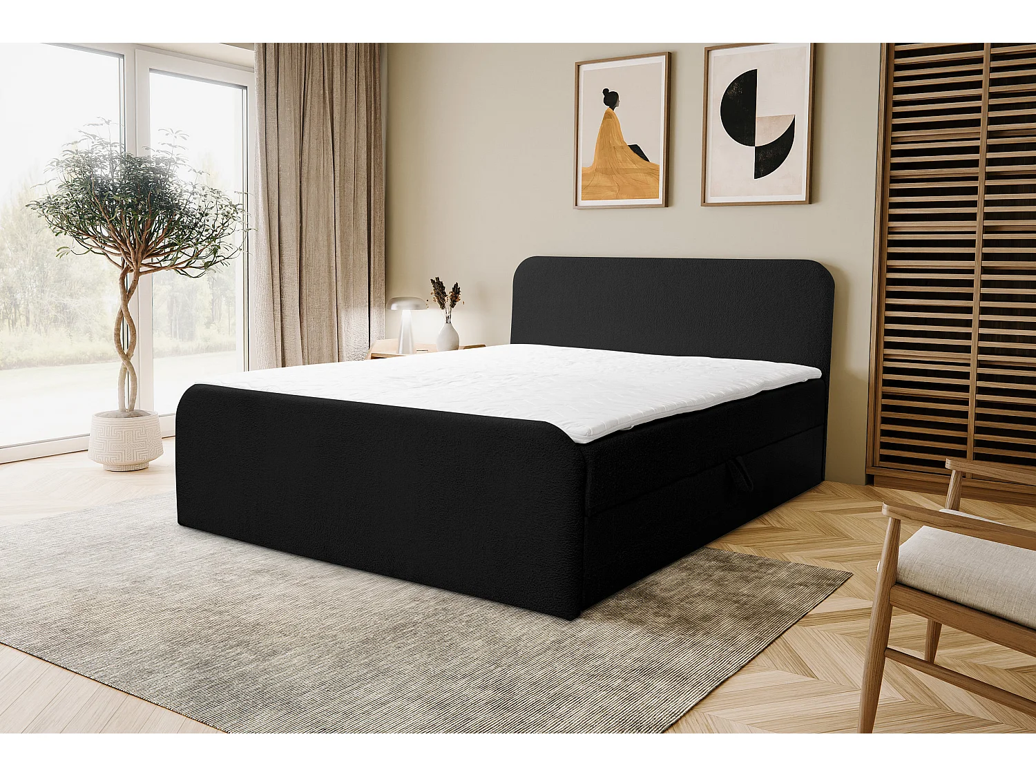Lit boxspring LAMBI avec 2 coffres de rangement, lit rembourré Dimensions: 160x200, couleur: noir, tissu bouclé