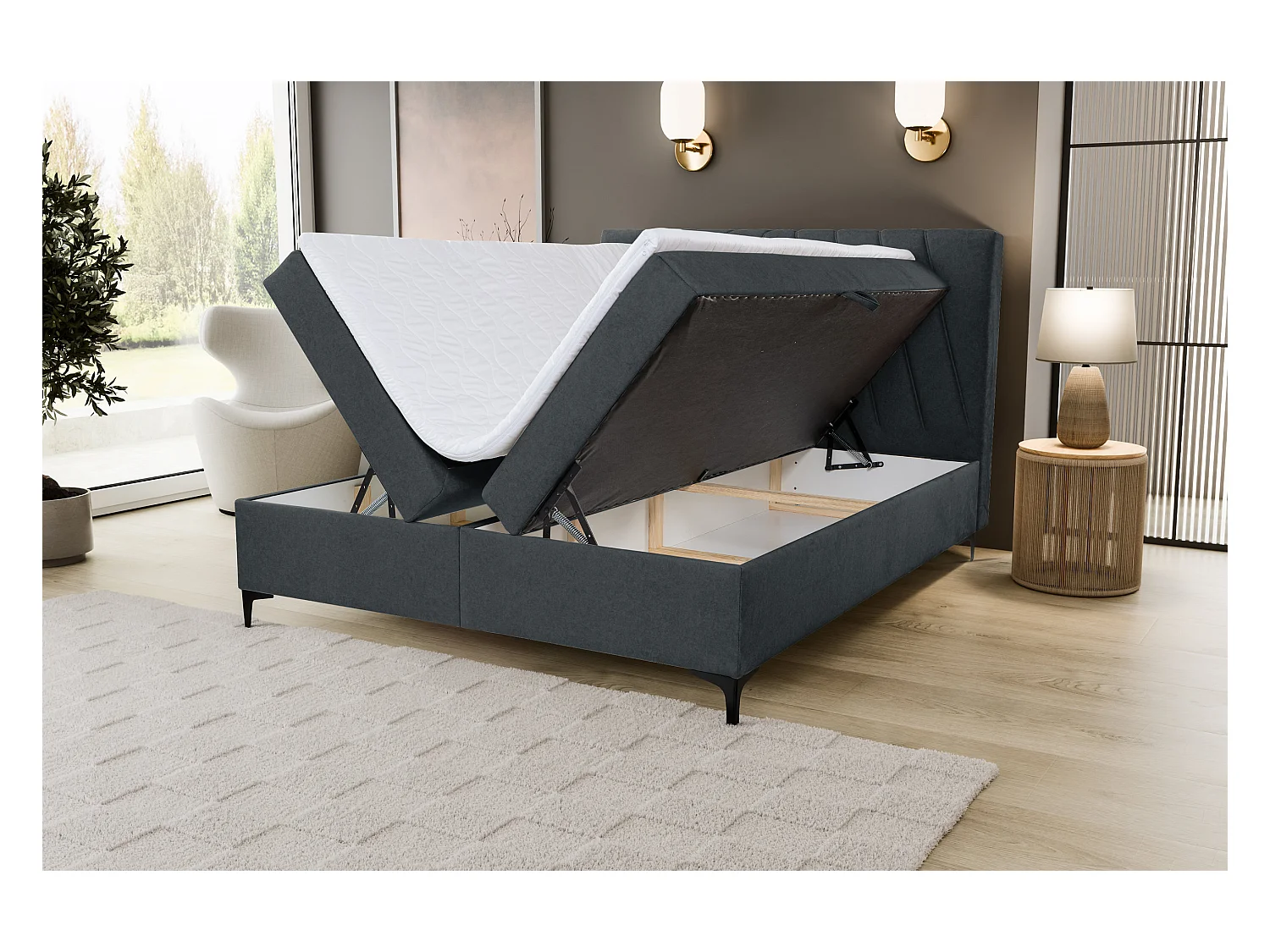 Lit boxspring CAPRI avec 2 coffres de rangement, lit rembourré Dimensions: 140x200 cm, couleur: gris foncé, tissu velours