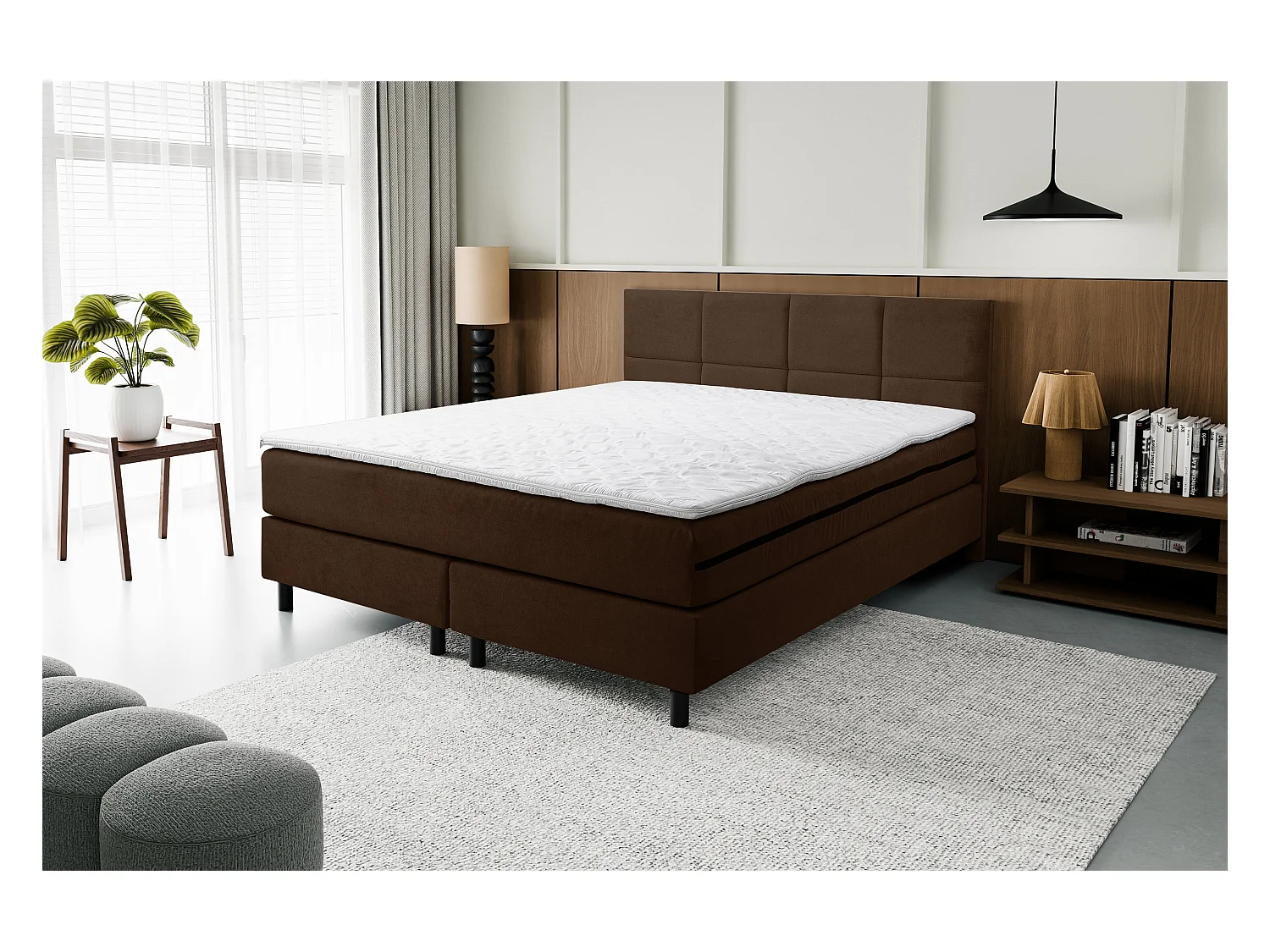 Lit boxspring Kansas, lit rembourré Dimensions : 140x200 cm, couleur : marron, tissu velours, lit double avec matelas Bonell H3 et surmatelas inclus