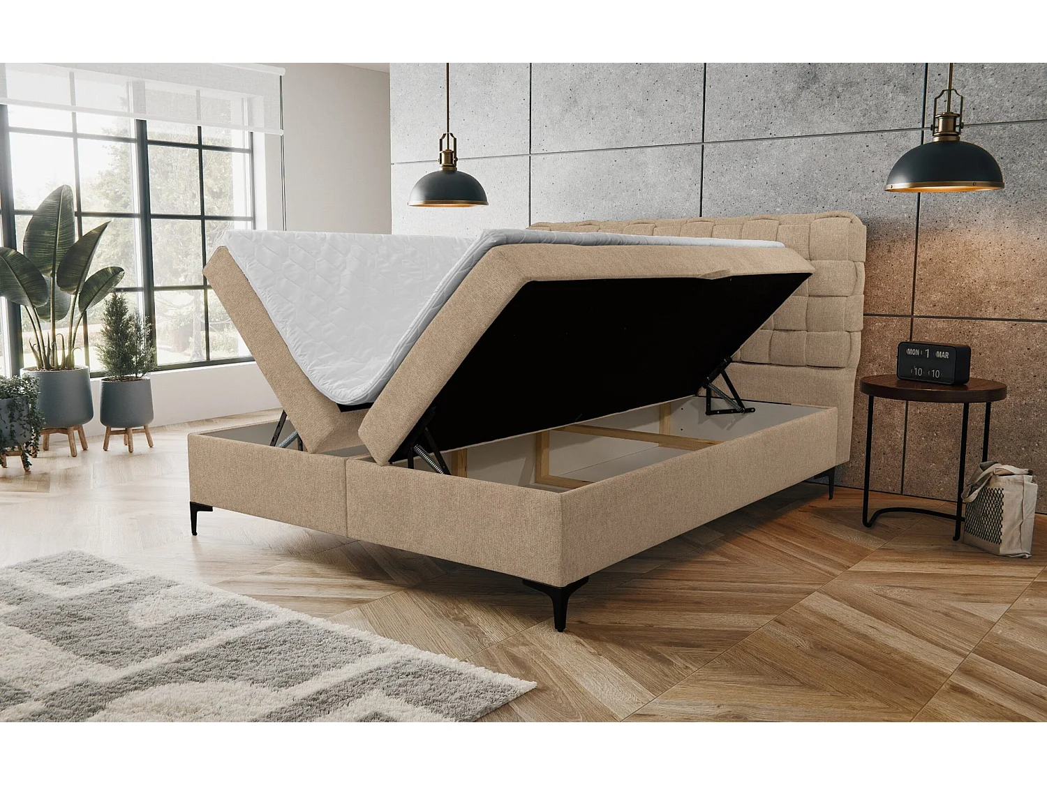 Lit boxspring Roma avec 2 coffres de rangement, lit rembourré Dimensions: 140x200, couleur: marron, tissu velours