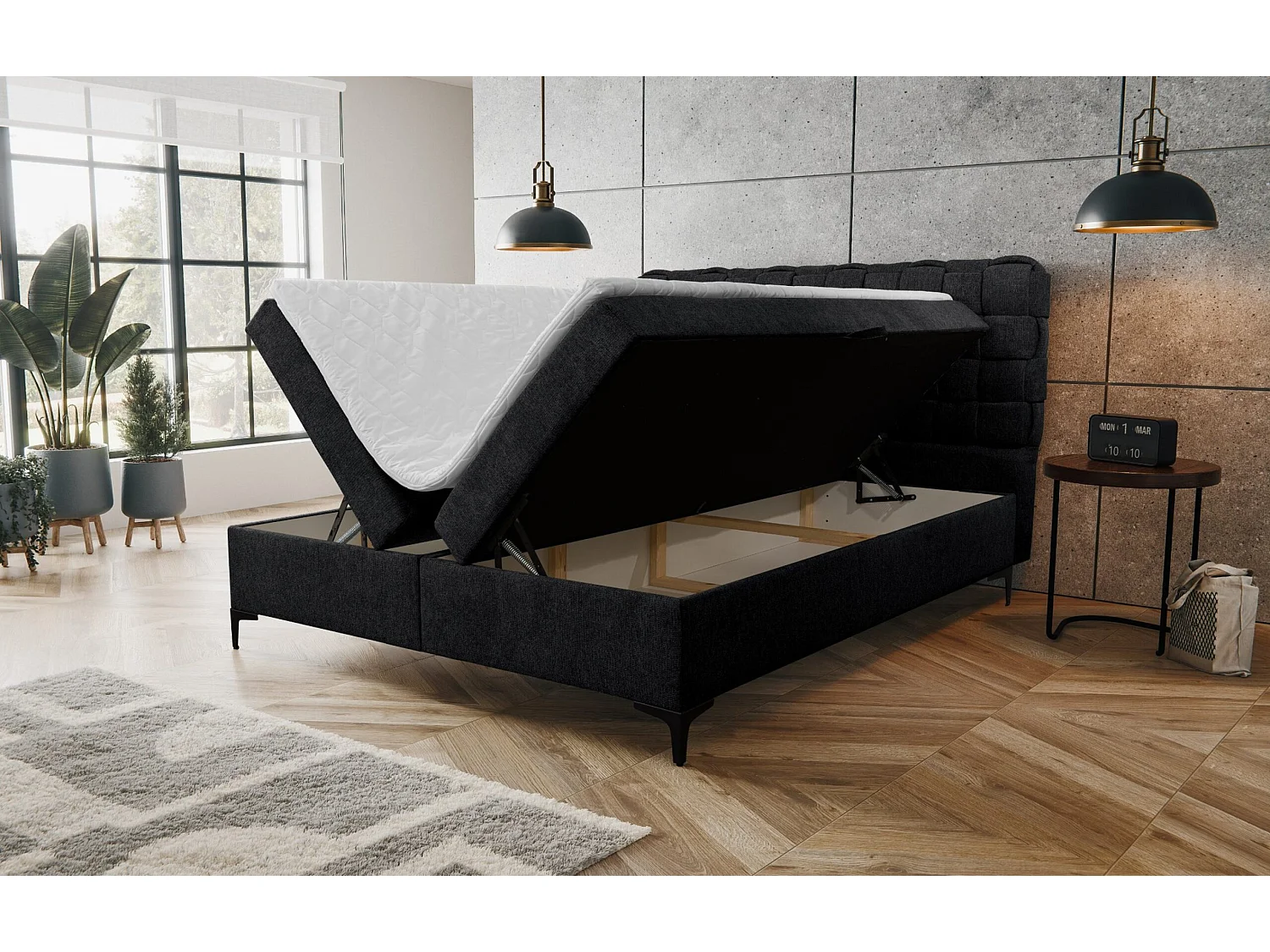 Lit boxspring Roma avec 2 tiroirs de rangement, lit rembourré Dimensions: 180x200, couleur: noir, tissu velours