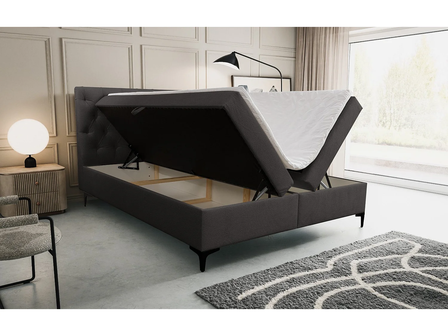 Lit boxspring Calipso avec 2 coffres de rangement, lit rembourré Dimensions: 180x200, couleur: gris foncé, tissu velours