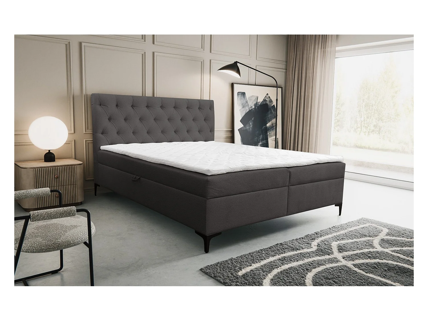 Boxspringbett Calipso mit 2 Bettkästen, Polsterbett Maße: 180x200, Farbe: Dunkelgrau, Velourstoff, Doppelbett mit Bonell-Matratze inkl. Topper