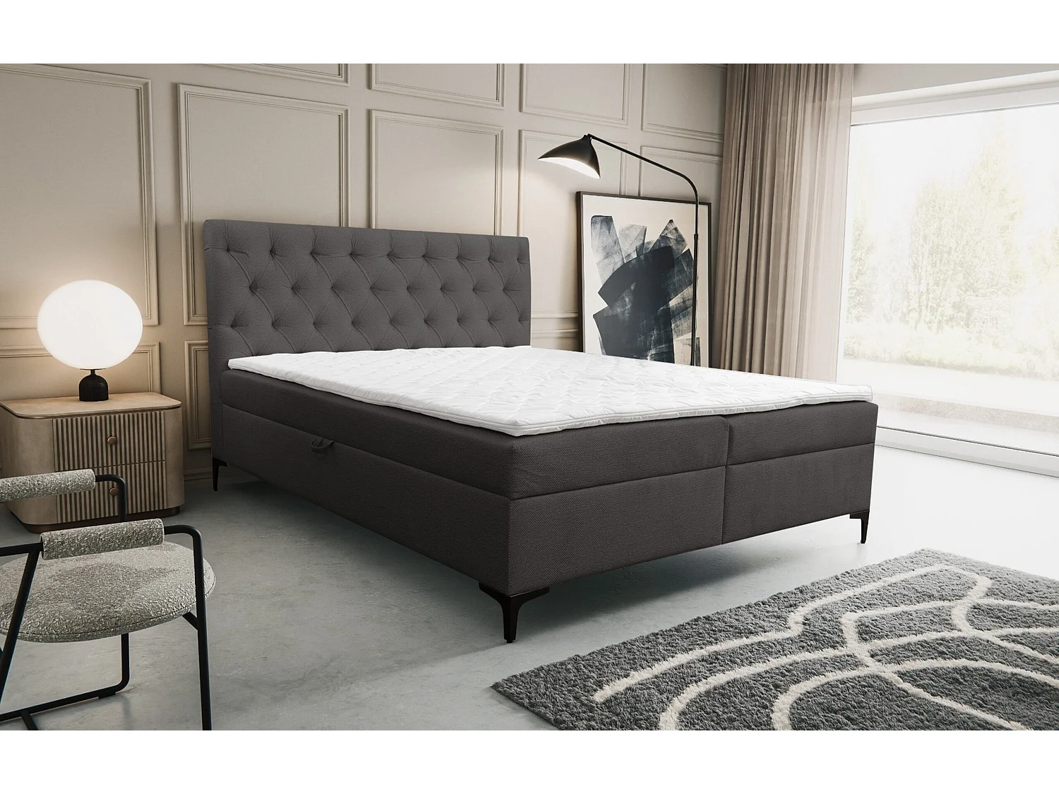 Lit boxspring Calipso avec 2 coffres de rangement, lit rembourré Dimensions: 180x200, couleur: gris foncé, tissu velours