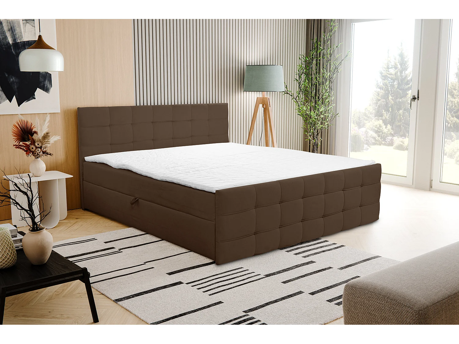 Lit boxspring NATALIE avec 2 coffres de rangement, lit rembourré Dimensions: 160x200, couleur: marron, tissu velours