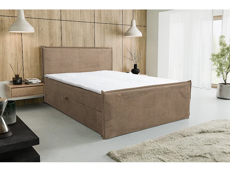 Lit boxspring Vanessa avec 2 coffres de rangement, lit rembourré Dimensions: 140x200, couleur: marron, tissu cordé
