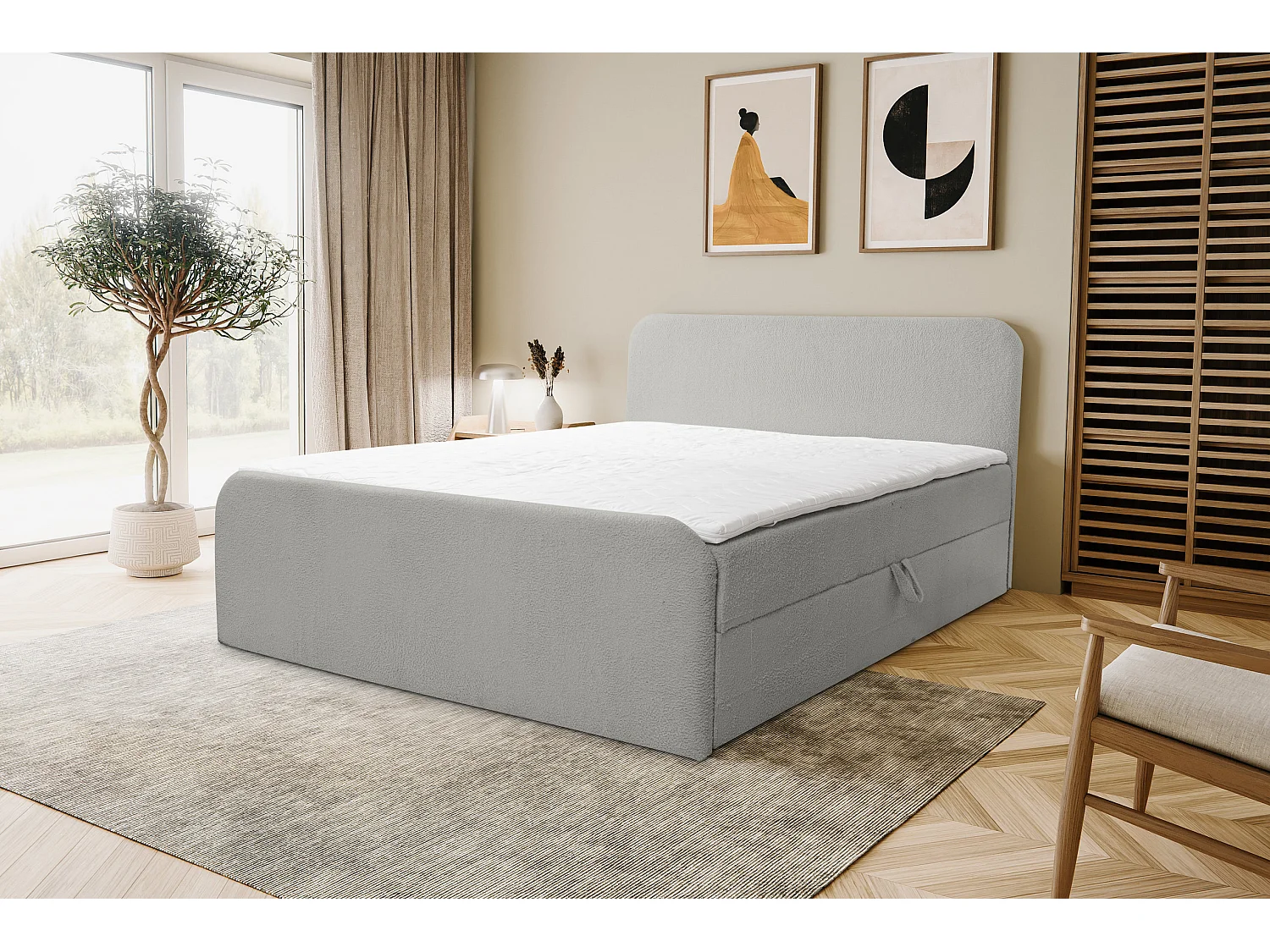 Lit boxspring LAMBI avec 2 coffres de rangement, lit rembourré Dimensions: 180x200, couleur: gris, tissu bouclé
