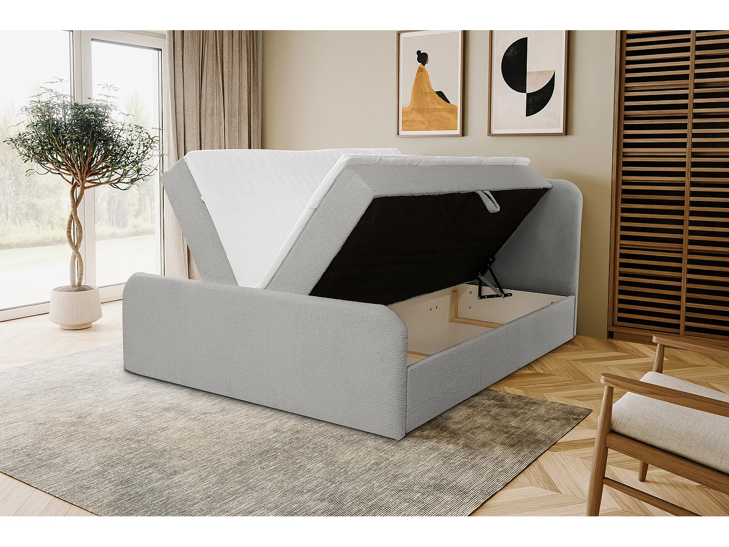 Lit boxspring LAMBI avec 2 coffres de rangement, lit rembourré Dimensions: 180x200, couleur: gris, tissu bouclé