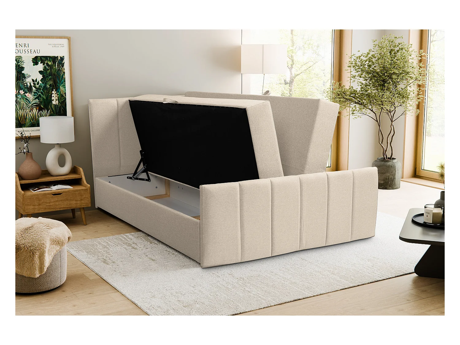 Lit boxspring CLAUDINE avec 2 coffres de rangement, lit rembourré Dimensions: 160x200, couleur: beige, tissu velours