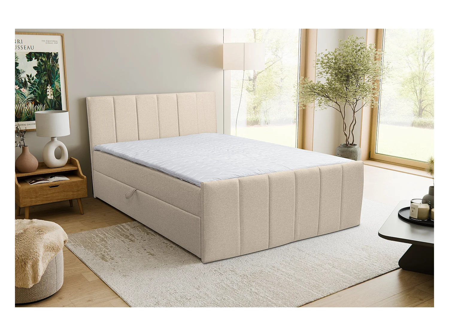 Boxspringbett CLAUDINE mit 2 Bettkästen, Polsterbett Maße: 160x200, Farbe: Beige, Velourstoff, Doppelbett mit Bonell-Matratze inkl. Topper