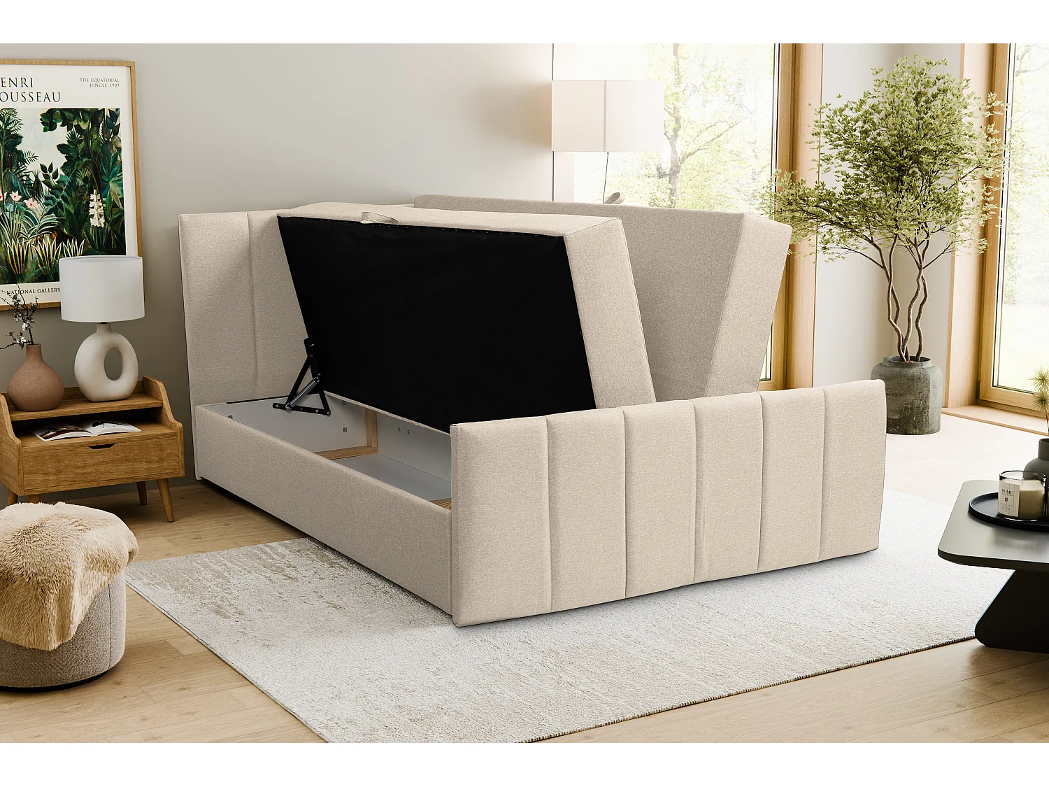 Lit boxspring CLAUDINE avec 2 coffres de rangement, lit rembourré Dimensions: 160x200, couleur: beige, tissu velours