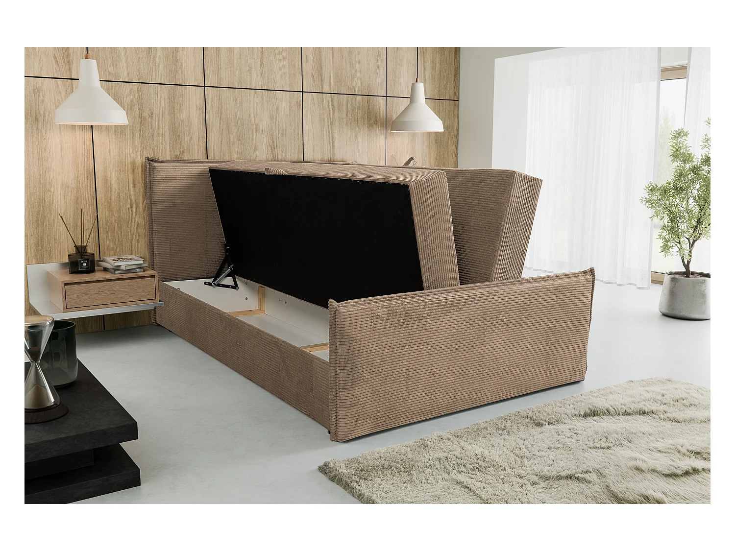 Lit boxspring Vanessa avec 2 coffres de rangement, lit rembourré Dimensions: 180x200, couleur: marron, tissu cordé