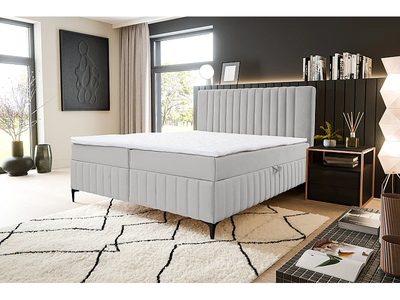 Boxspringbed QUANT met 2 bedbakken, gestoffeerd bed Afmetingen: 160x200, kleur: beige, veloursstof, tweepersoonsbed met Bonell-matras incl. topper