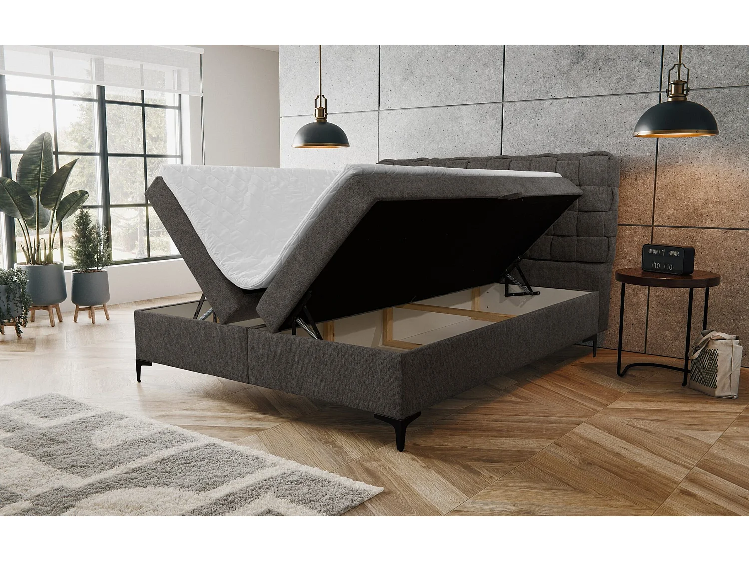 Lit boxspring Roma avec 2 tiroirs de rangement, lit rembourré Dimensions: 140x200, couleur: gris foncé, tissu velours