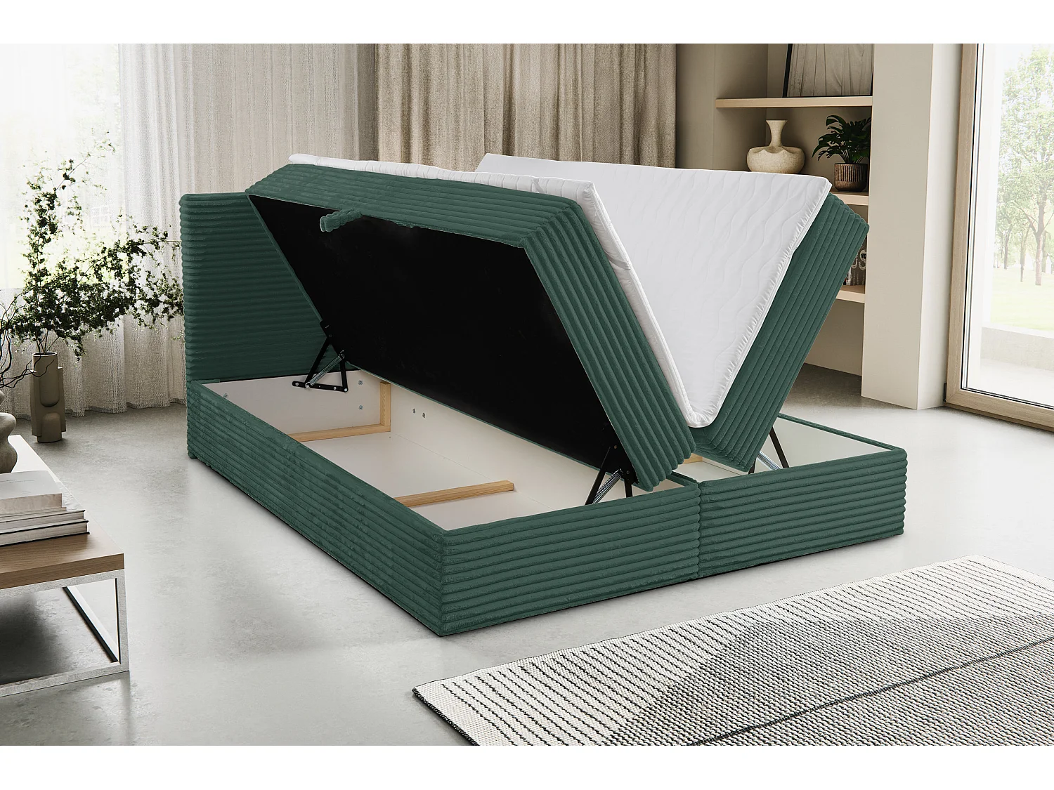 Lit boxspring Tilly avec 2 coffres de rangement, lit rembourré Dimensions: 140x200, couleur: vert, tissu cordé