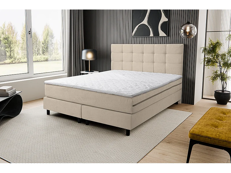 Lit boxspring BOSS, lit rembourré Dimensions : 180 x 200 cm, couleur : beige, tissu velours, lit double avec matelas Bonell H3 et surmatelas inclus
