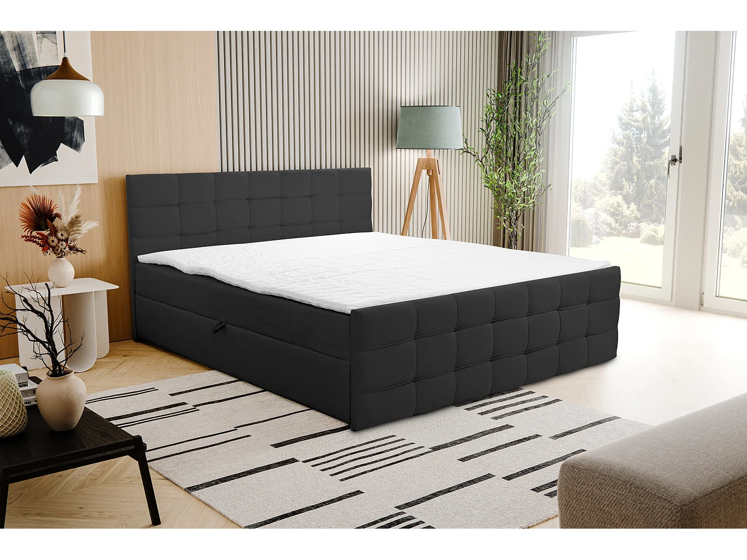 Lit boxspring NATALIE avec 2 coffres de rangement, lit rembourré Dimensions: 180x200, couleur: noir, tissu velours