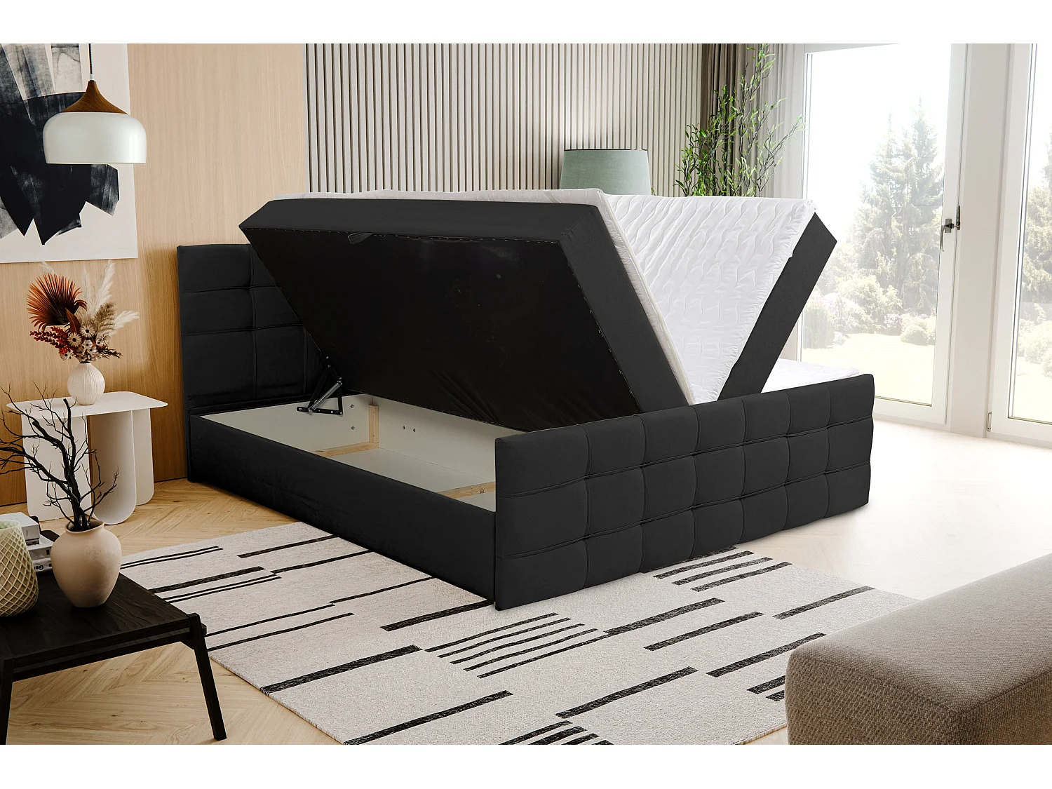 Lit boxspring NATALIE avec 2 coffres de rangement, lit rembourré Dimensions: 180x200, couleur: noir, tissu velours